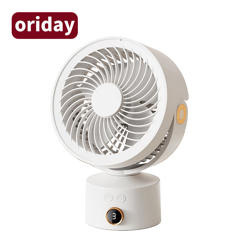 Oriday 小型桌面循環風扇|渦輪靜音設計・USB充電定時搖頭・4000mAh三檔送風・家用/辦公室適用