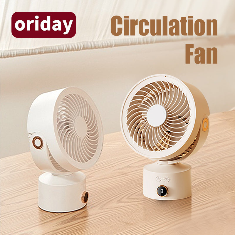 Oriday 小型桌面循環風扇|渦輪靜音設計・USB充電定時搖頭・4000mAh三檔送風・家用/辦公室適用