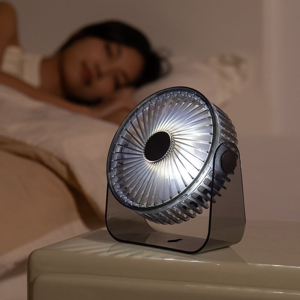 Cross-border new desktop fan with circulation function, transparent night light, ultra-long battery life, and USB charging. Ideal for outdoor camping, students, dormitories, and office desktops – Oriday.