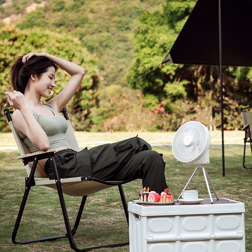 Oriday 三脚キャンプファン|静音・充電式・LEDライト&リモコン付き床置き扇風機・屋外テント/家庭両用ポータブル