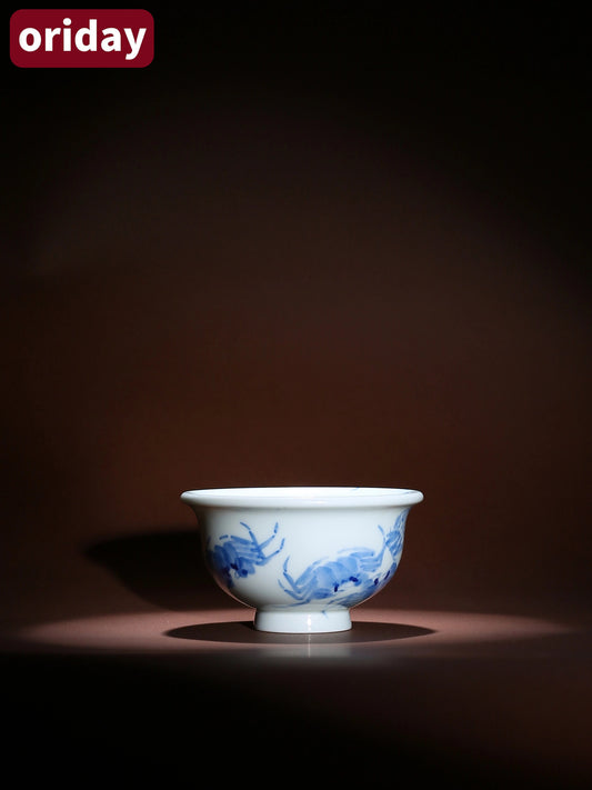 Oriday 手繪青花螃蟹主人杯|八方來財壓手杯|中式品茗陶瓷茶杯