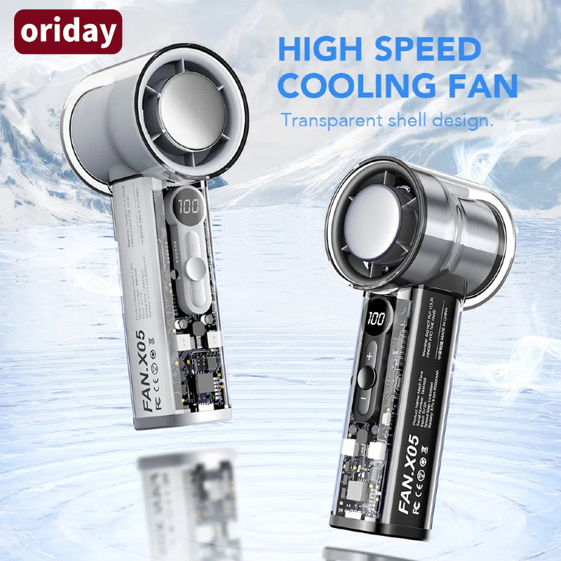Oriday high-speed handheld cooling mini fan, portable, quiet, USB rechargeable, digital display, for home, bedroom, office, desktop, and outdoor camping, product by Dongfang Liangpin