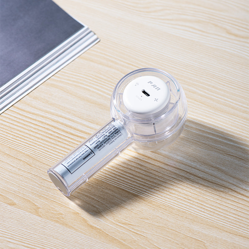 Oriday 透明デザインの7色LEDライト付きポータブルミニファン | 3段階の調速機能と吊り下げ可能 | 軽量で携帯性があり、通勤やアウトドアに最適、デザインが優れています