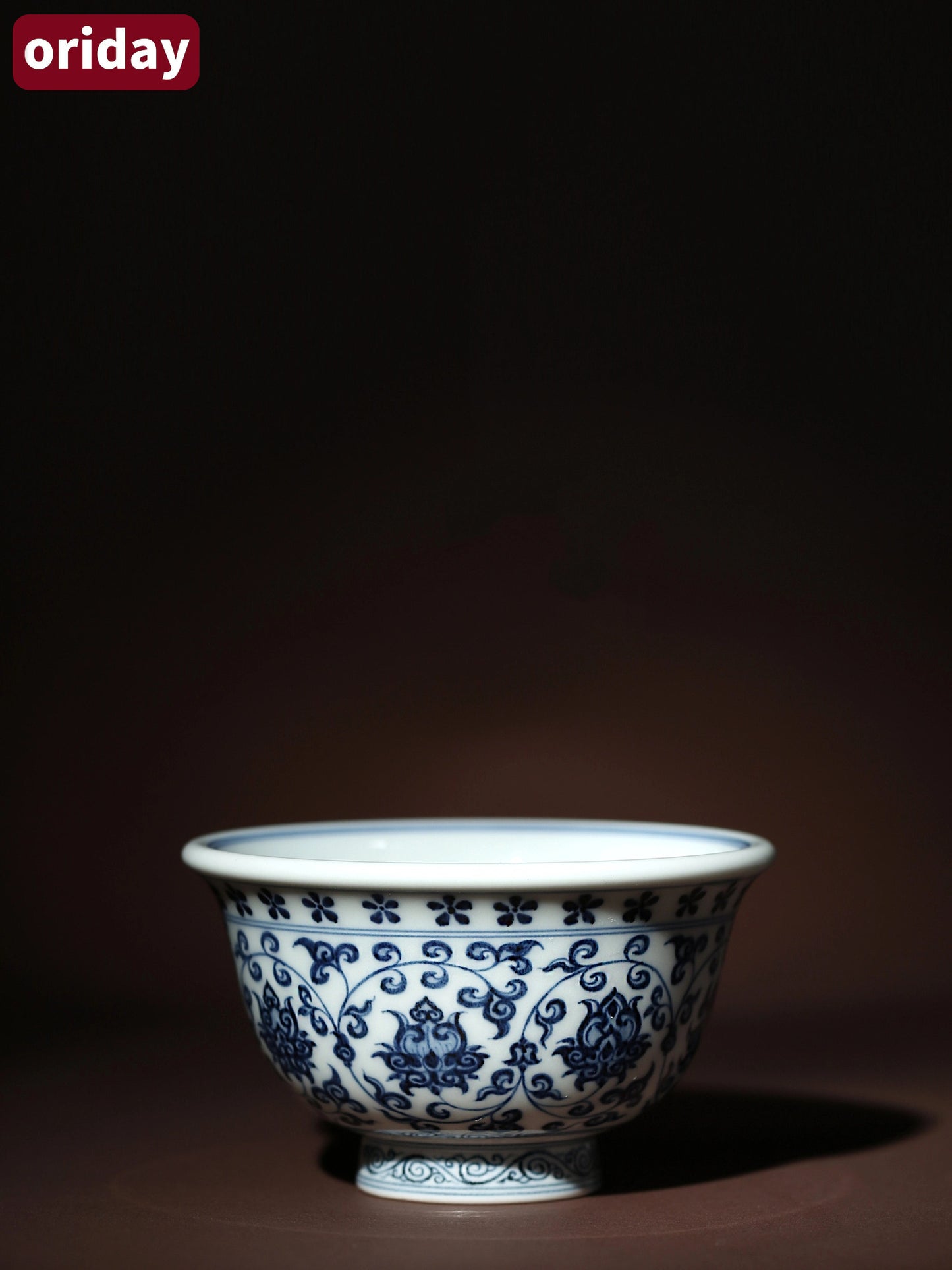 Oriday Yongle Blue and White Weighted Tea Cup Hand-painted Vintage Host Cup with Entwined Lotus Pattern Recommended Chinese Tea Set