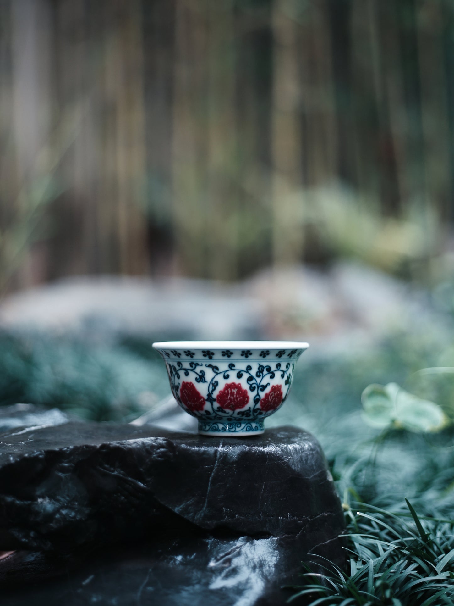 Oriday 明朝風 青花釉裏紅 茶器セット 絡み蓮模様・重み付き主人杯+急須セット