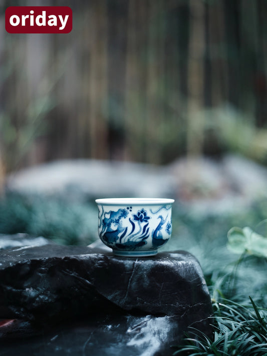Oriday 青花陶瓷功夫茶杯|復古釉下彩主人杯|中式品茗杯推薦
