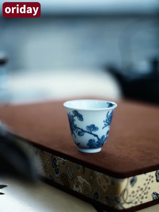 Oriday 高檔手繪聞香杯|青花菊花陶瓷主人茶杯|功夫茶品茗杯