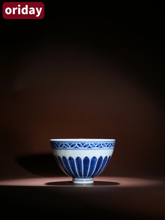 Oriday 手繪雞心茶杯|仿明永樂菊瓣紋主人杯|高端中式陶瓷單杯