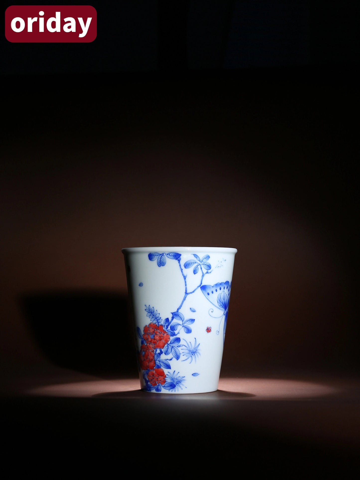 Oriday Blue and Red Underglaze Scent Cup | Hand-painted Ceramic Cup with Butterfly and Flower Design | Recommended Kung Fu Tea Tasting Cup