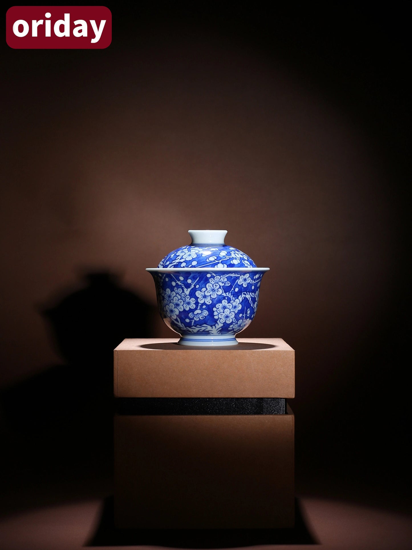 Oriday 手描き青花梅蓋付き茶碗カップ|アンティーク風陶器茶器|耐熱性のある一人用茶碗