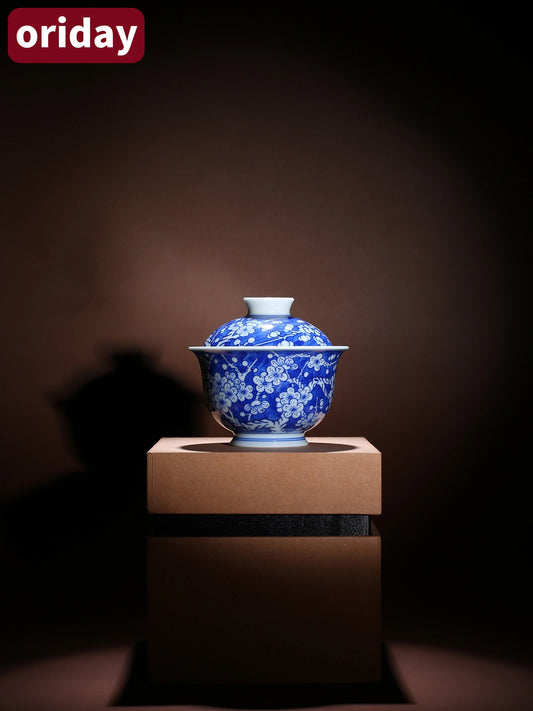 Oriday Hand-Painted Blue Plum Lidded Tea Cup | Antique-Style Ceramic Tea Set | Heat-Resistant Single Tea Bowl