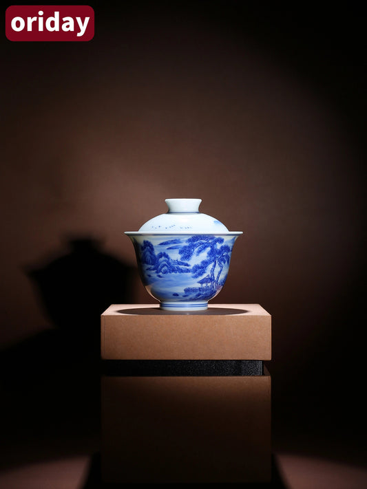 Oriday Hand-painted Blue and White Porcelain Landscape Gaiwan   Small Kung Fu Ceramic Tea Set   Recommended as Yancha Master Cup