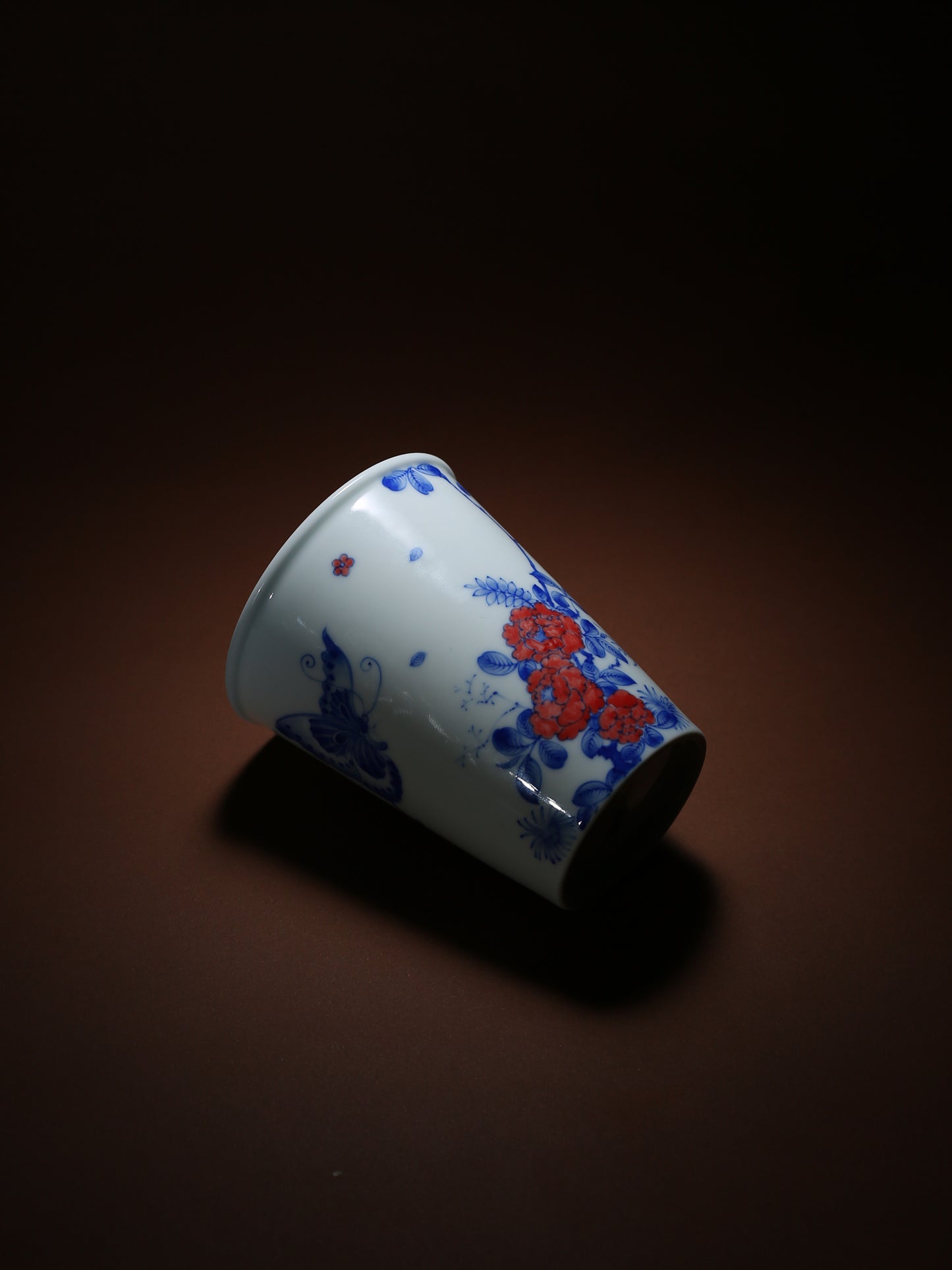 Oriday Blue and Red Underglaze Scent Cup | Hand-painted Ceramic Cup with Butterfly and Flower Design | Recommended Kung Fu Tea Tasting Cup