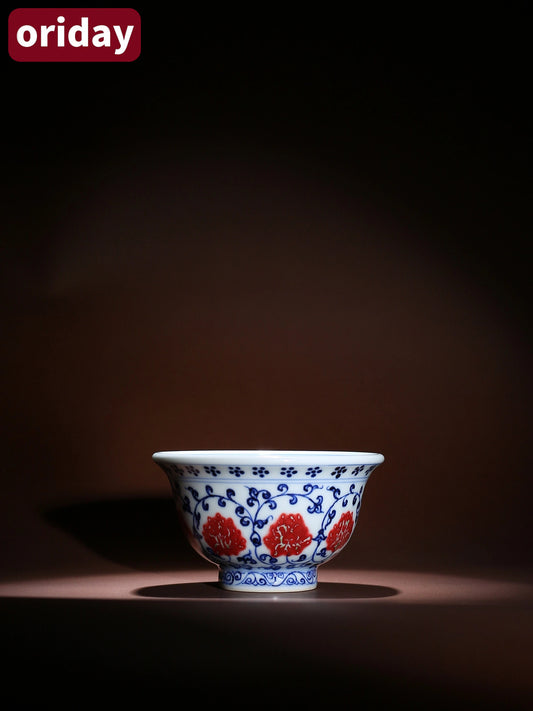 Oriday 仿明青花釉裡紅茶具|纏枝蓮主人杯壓手杯+泡茶壺套裝