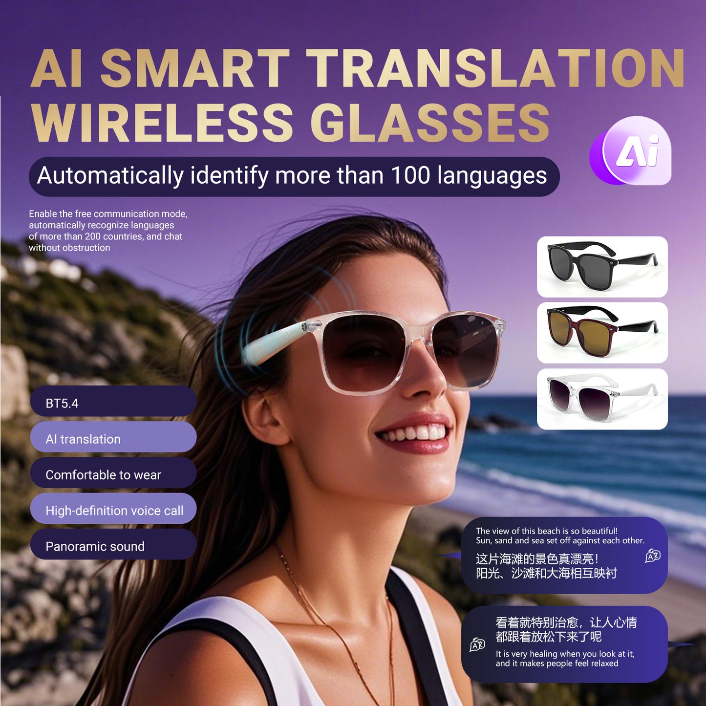 Oriday Trendy AI Translation Smart Glasses｜UV400 Protection / Anti-Glare｜All-Scenario Use: Fishing, Driving, Travel｜Bluetooth Music & Calls GY500
