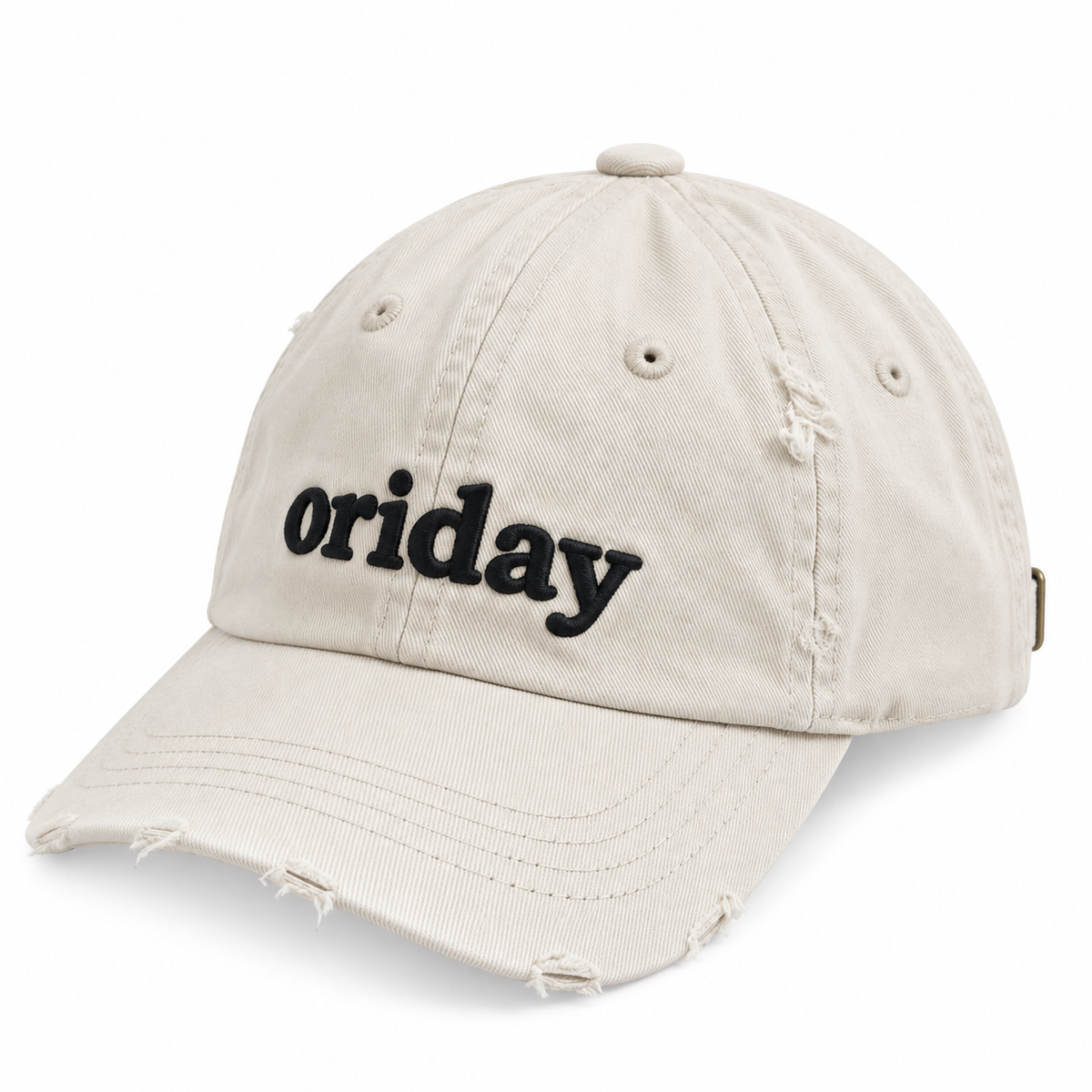 oriday 水洗做舊破洞棒球帽｜淺灰米白色・黑色立體字母刺繡・柔軟軟頂帽型・後置可調節織帶及金屬扣｜日常休閒穿搭