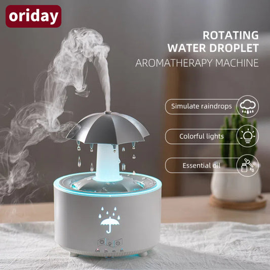 【爆款推薦】七彩夜燈轉動香薰機｜雨傘水滴造型補水香薰｜家用宿舍臥室辦公室清新加濕神器