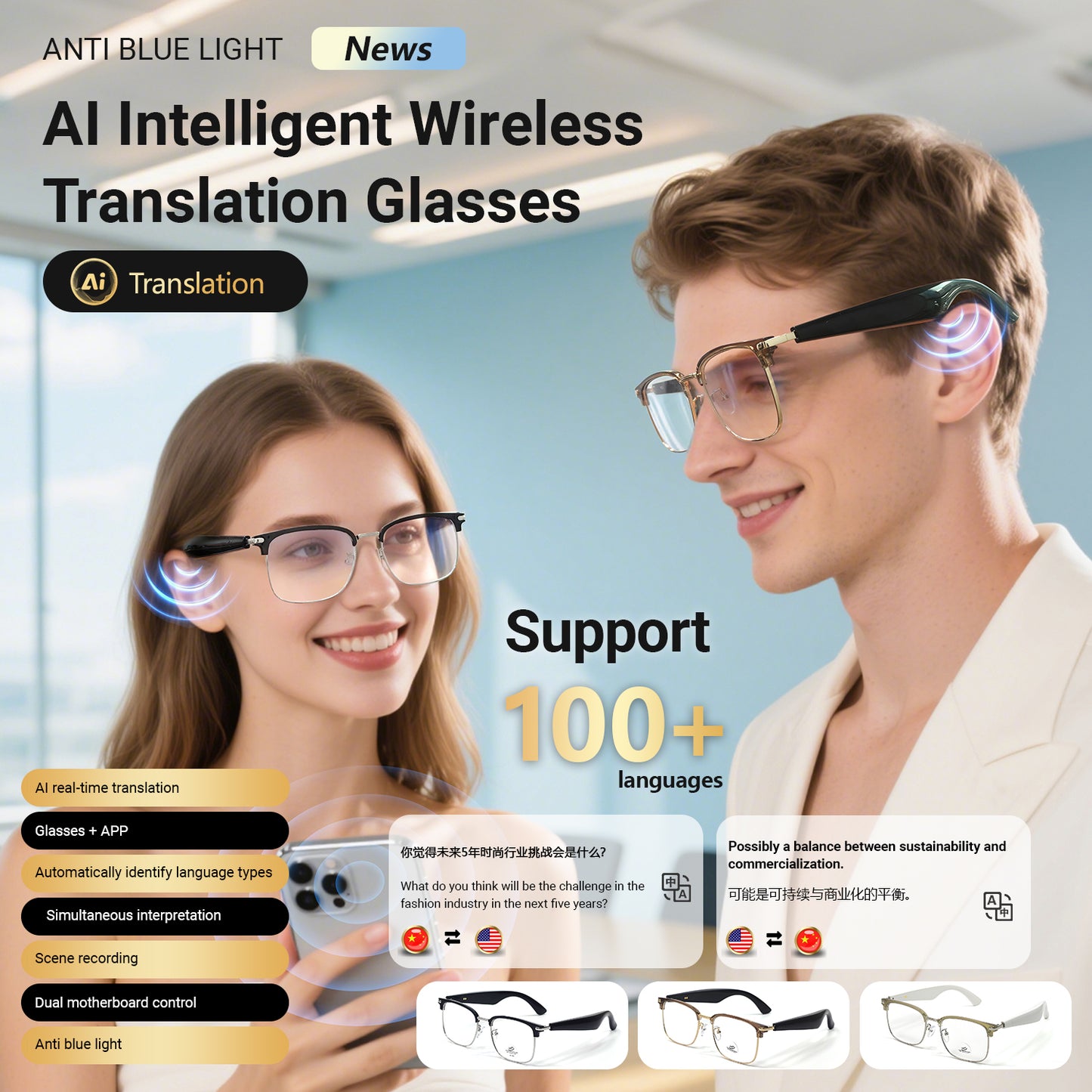 Oriday 多功能AI翻譯眼鏡｜語音助手+遙控拍照｜UV400防紫外線｜商務休閒兩用GY600
