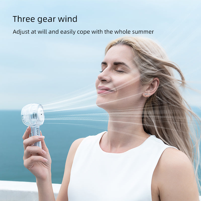 Oriday 透明デザインの7色LEDライト付きポータブルミニファン | 3段階の調速機能と吊り下げ可能 | 軽量で携帯性があり、通勤やアウトドアに最適、デザインが優れています