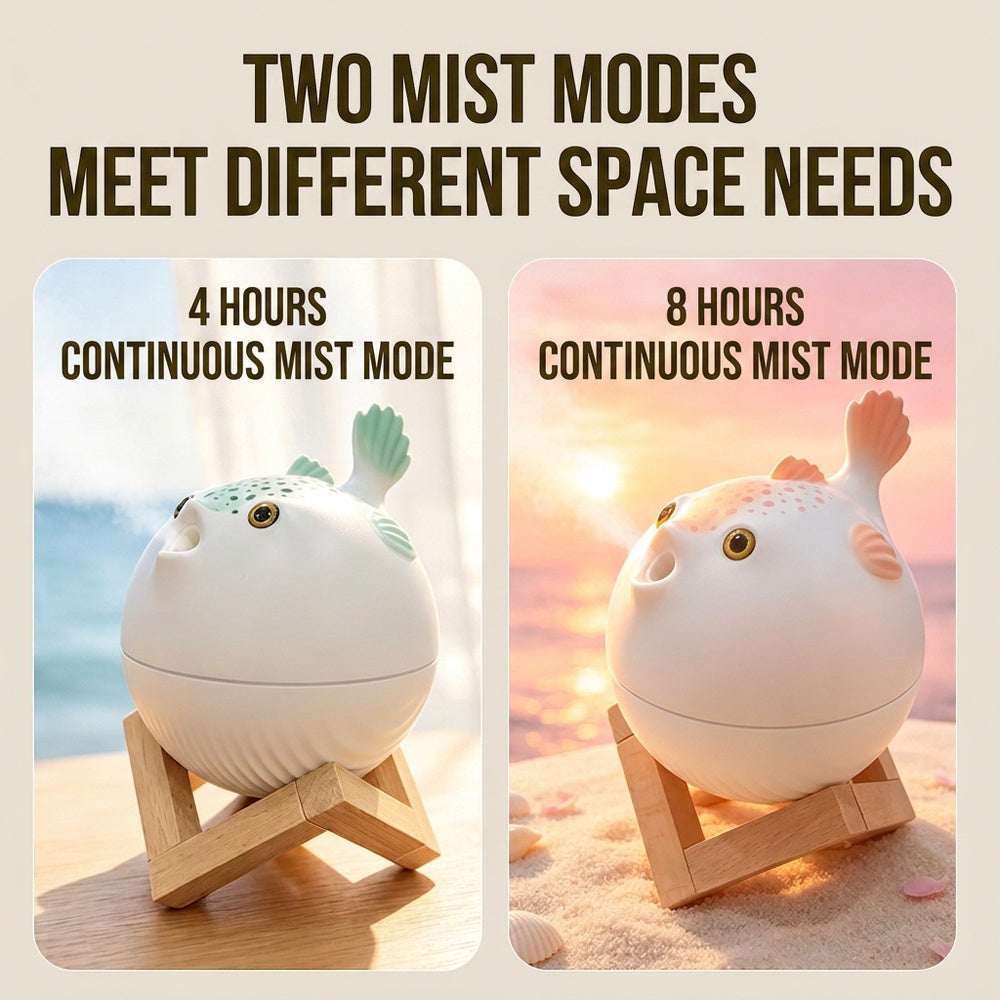 Oriday かわいいフグ型7色ナイトライト付き加湿器｜大容量260ml・2段階微細ミスト・静音運転・USB‑C給電｜寝室・オフィス・卓上インテリア