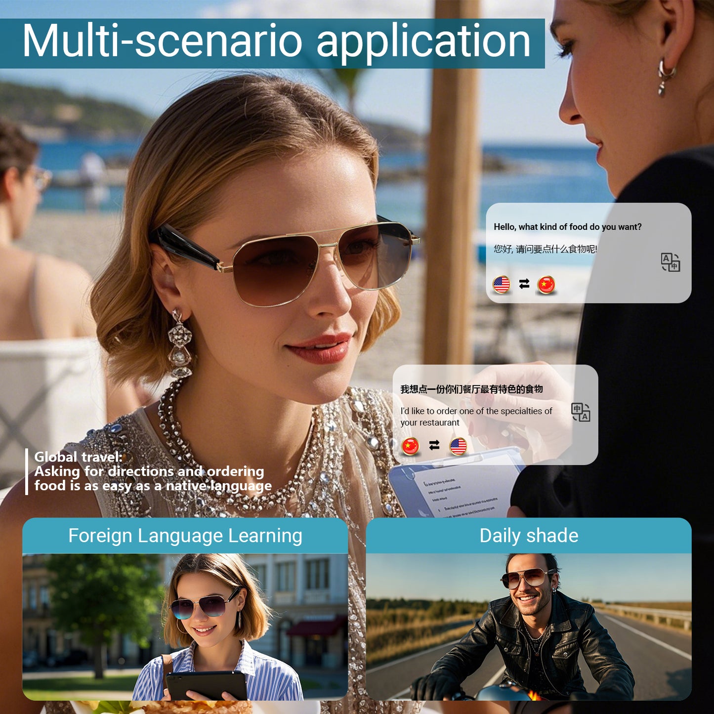 Oriday 智能AI翻譯太陽眼鏡｜防眩光偏光片 UV400防護｜音樂+通話+語音助手GY100