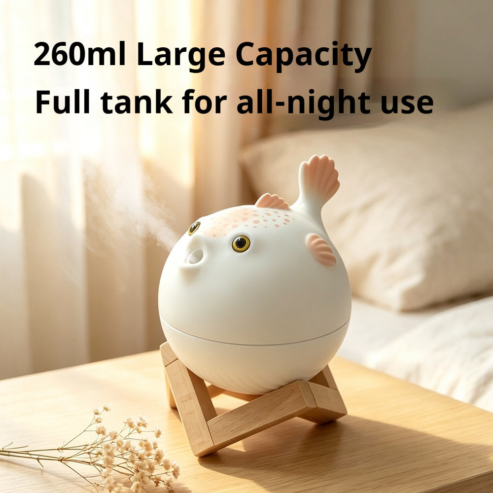 Oriday かわいいフグ型7色ナイトライト付き加湿器｜大容量260ml・2段階微細ミスト・静音運転・USB‑C給電｜寝室・オフィス・卓上インテリア