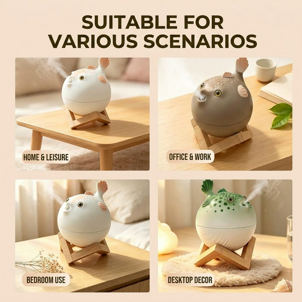 Oriday かわいいフグ型7色ナイトライト付き加湿器｜大容量260ml・2段階微細ミスト・静音運転・USB‑C給電｜寝室・オフィス・卓上インテリア