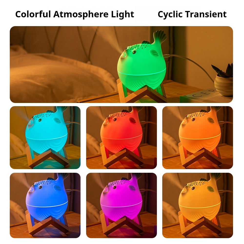 Oriday かわいいフグ型7色ナイトライト付き加湿器｜大容量260ml・2段階微細ミスト・静音運転・USB‑C給電｜寝室・オフィス・卓上インテリア