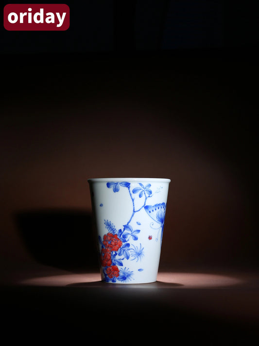 Oriday手繪青花釉裏蝶戀花紅可樂杯聞香杯功夫陶瓷品茗主人單杯茶杯具碗東方良品