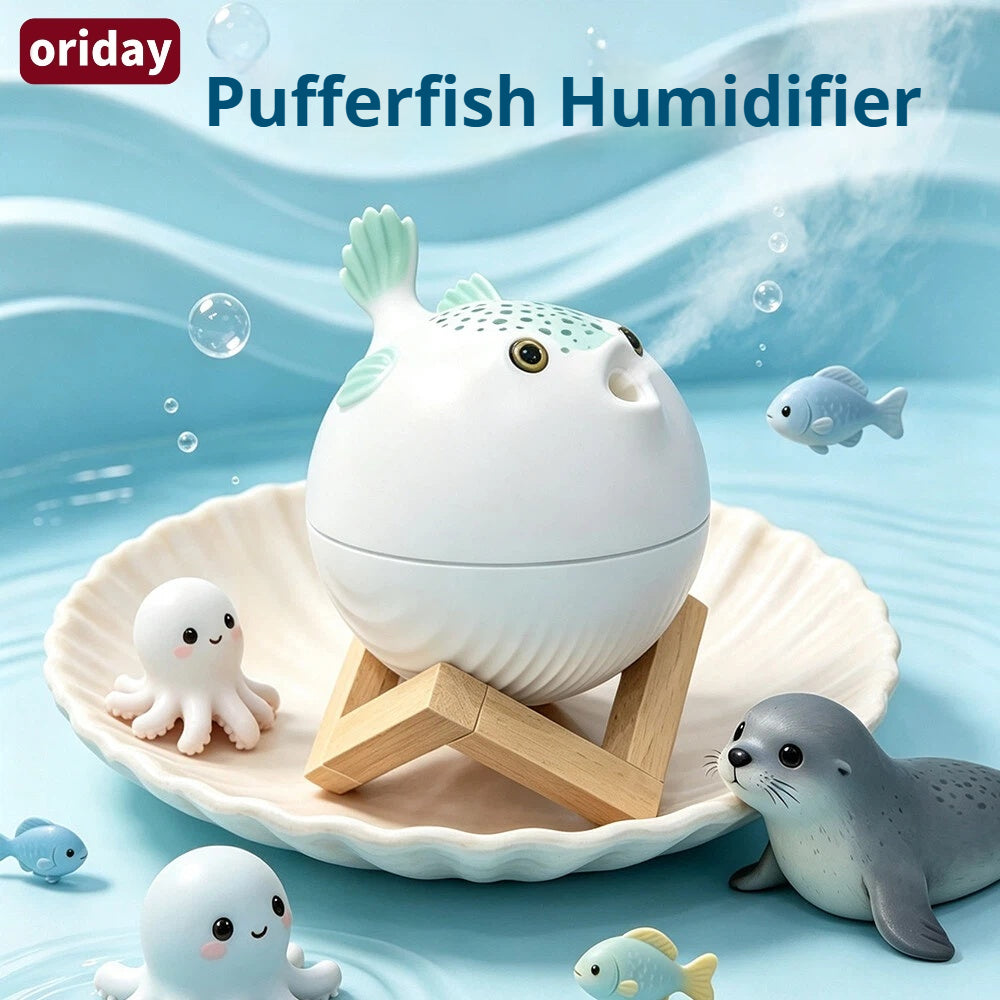 Oriday かわいいフグ型7色ナイトライト付き加湿器｜大容量260ml・2段階微細ミスト・静音運転・USB‑C給電｜寝室・オフィス・卓上インテリア